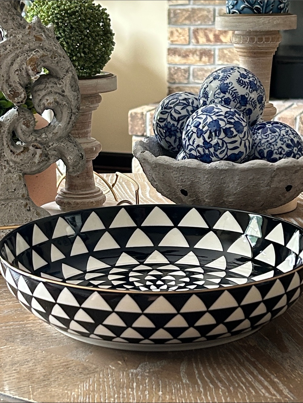NEW! Vintage Inspired Black & White Geometric Ceramic Stoneware Serving Bowl